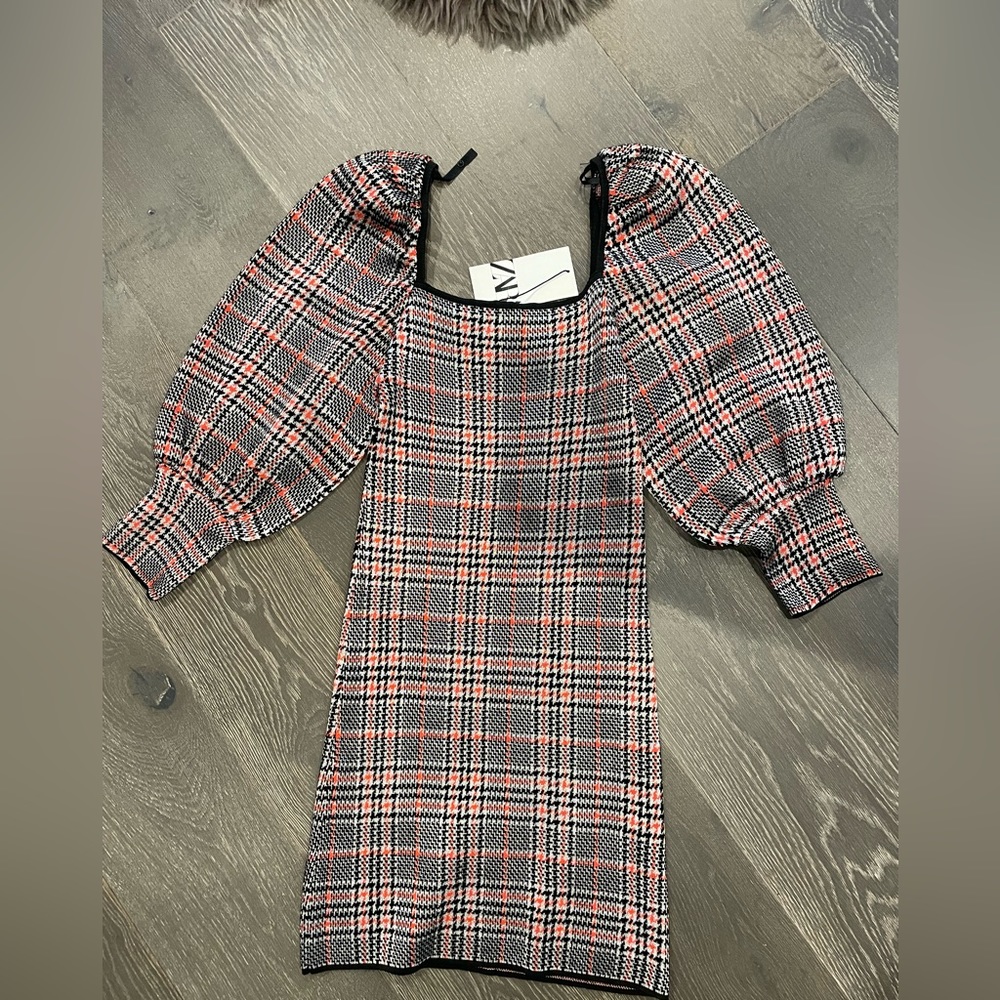 Zara Plaid Puff Sleeve Midi Dress - Black, Red, White
